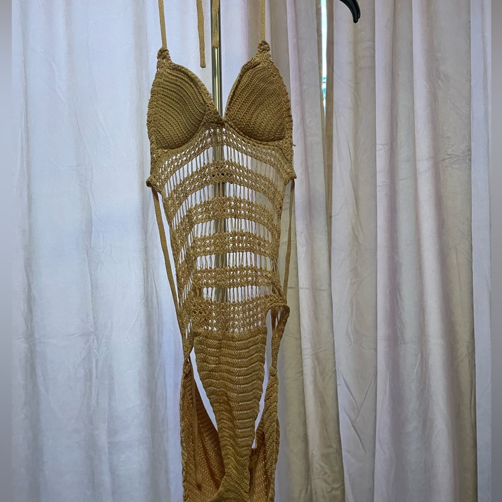Tan Crochet One-Piece Swimsuit